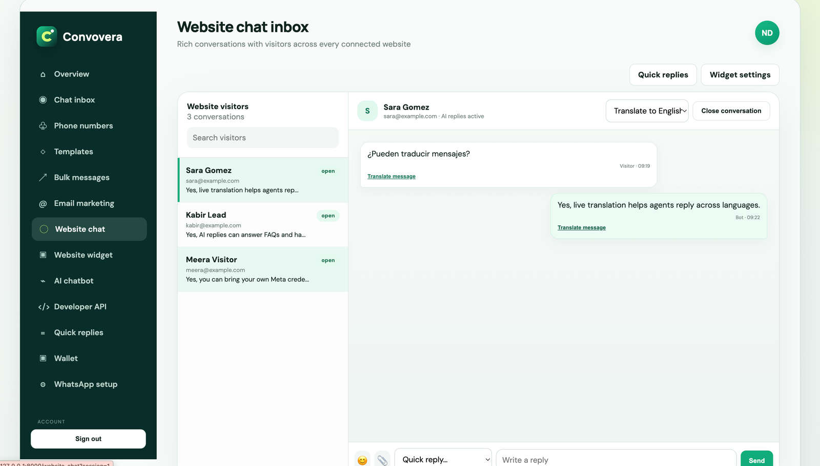 Live translation in Convovera inbox